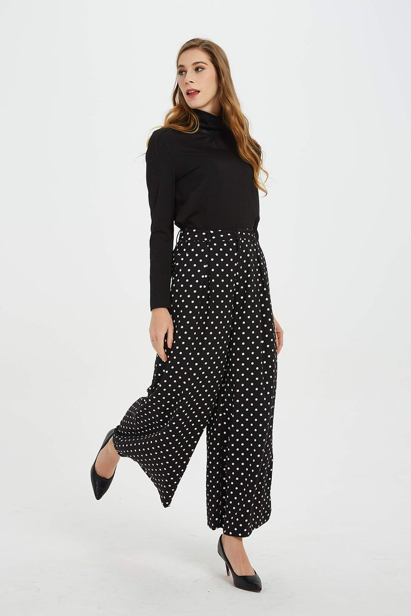 Tronjori Women High Waist Casual Wide Leg Long Palazzo Pants Trousers Regular Size(XL, White Dot) - Image 3